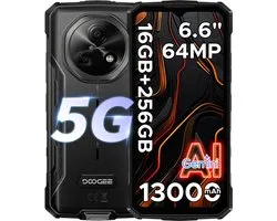 DOOGEE Fire 7 5G - Smartphone - Robuuste Smartphone - 16GB RAM + 256GB ROM/2TB TF - Android 15 - 13000mAh/18W - 6,6 inch HD+ 90Hz Scherm - IP68 Waterdicht - Dimensity 6300 - 64MP AI Camera - Gemini AI - Face ID - NFC - OTG - 3 Card Slots - Zwart