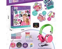 Casque audio à DIY pour Enfants - Filles - Filaire - Kit de loisirs créatifs - Comprend des Autocollants brillants, des diamants et du ruban Tape décoratif - Rose/Vert - Cadeau pour les enfants de 6 ans et plus