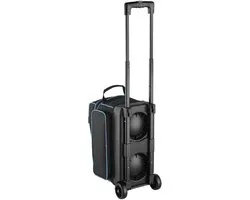 Sac de Bowling pour 3 Boules avec Roues Doubles, Compartiment à Chaussures (jusqu'à la Taille 16 US) et Grand Compartiment pour Accessoires, Poignée Extensible jusqu'à 105 cm, Noir et Bleu