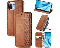 Luxe PU Lederen Ruitpatroon Wallet Case + PMMA Screenprotector voor Xiaomi 11 Lite 5G NE / Mi 11 Lite 4G/5G _ Bruin
