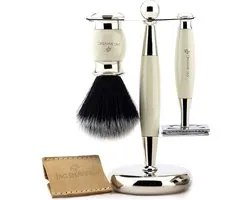 Luxe scheerset voor heren Dubbelzijdig veiligheidsscheermes met lederen etui, zwarte synthetische scheerkwast Kom en sta Perfecte cadeauset (gebroken witte scheerset)