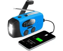 Radio d'urgence - Avec chargeur manuel, énergie solaire et port USB - Fonctionne comme batterie externe et lampe de poche - Fiable en cas de panne de courant - Pour usage domestique et Plein air - 2000 mAh - Bleu - 1 pièce
