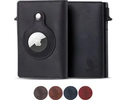 Parvus Wallets - AirTag Pasjeshouder - Slanke RFID-blokkerende Portemonnee - Echt Leer - Kaarthouder Geschikt voor 10 Kaarten - Uitschuifbaar - Zwart