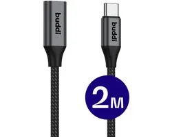 Buddi Flex | USB-C naar USB-C Verlengkabel | Female naar Male | 60W Fast Charge | Power Delivery Snelladen | Gevlochten Nylon | Alleen voor Opladen en Dataoverdracht | 2M | Zwart