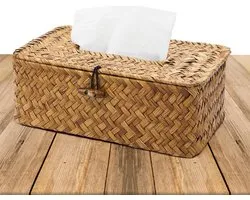 Rectangular Seagrass Tissue Box - Handwoven Cosmetic Tissue Holder - Decorative Rattan Storage Basket with Lid for Dining Room Bathroom - 23x13x9cm