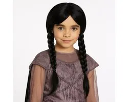 Perruque Joya Kids® Black Wednesday Cheveux foncés avec 2 tresses | Perruque Enfants Cheveux Longs Zwart avec Tresses | Perruque de costume d'Halloween Filles | Perruque de princesse