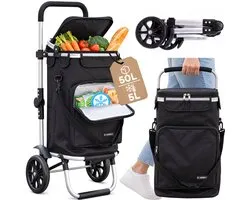 SquareSix Boodschappentrolley 50L met Koelvak - Boodschappenkar - Winkeltrolley Opvouwbaar - Afneembare Tas - Steekwagenfunctie - Zwart