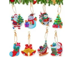 Huntex Diamond Painting Kerst Sleutelhanger - 8 x sleutelhanger - Dubbelzijdig - Kerst - Volwassenen - Hobby - Kinderen - Hanger voor aan je tas - volledig pakket - Kinderfeestje - Maak je eigen sleutelhanger