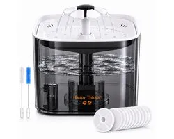 Happy Things Drinkfontein Hond en Kat - Incl 10 Filters - Geruisloos - 2.5 L - Transparant Zwart met Goud
