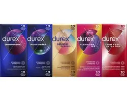 Durex Préservatifs 50 Stuks - Orgasme intense 10pcs - Performa 10pcs - Pleasure me 10pcs - Nude 10pcs - Thin feel Extra fin 10pcs - Emballage avantageux