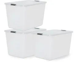 IRIS Storage Boîte de Rangement avec Clips - 60L - Stockage XXL - Empilable - Plastique - Transparent/Gris - Lot de 3