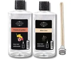 Scentchips Freesia lychee + Miss coco + Lont - Geurolie Voor Oliebrander Set van 2 - Inclusief Geurlont - Parfum Olie - Geurolie Voor Lampenolie - Geurlamp Olie - 475ml x 2