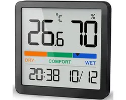 Namajunas - Binnen thermo-hygrometer - Draagbare - Mini digitale thermo-hygrometer monitor - Met comfortindicator en klok - Nauwkeurige - Magnetisch, ophangbaar en ook geschikt voor op tafel - Geschikt voor thuis, garage, kas, kelder en meer - Zwart
