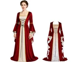 Joya Party® Luxe Verkleedjurk Jonkvrouw Volwassenen | Middeleeuwse Jurk Rood Champagne Edelvrouw | Renaissance Koningin | Fantasy, Cosplay & Themafeest Verkleed Kostuum Dames | Maat S