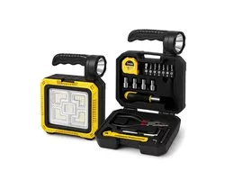 Lampe de camping rechargeable / Éclairage de secours Énergie et USB - Spotlight LED et lampe de travail - Lampe torche avec batterie externe - Coffret d'outils 16 pièces - Lampe de secours IP68