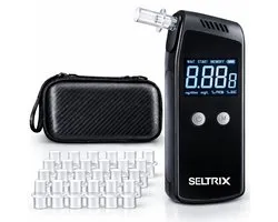 Seltrix® Digitale alcoholtester - 0.01% BAC nauwkeurigheid - Blaastest 2026 model - Inc. 10 extra mondstukken en opberghoes - Alcoholmeter - Broekzak formaat - Geschikt voor o.a. Nederland, Frankrijk en België - Oplaadbaar - 1000 mAh
