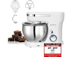 EMERIO KM-123117 - Robot culinaire, pétrin, agitateur avec bol en inox de 5 litres + 3 outils de brassage + protection anti-éclaboussures avec ouverture de remplissage, puissance 1000 Watt , 6 vitesses + Pulse Retro, sans BPA, Wit