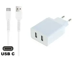 OneOne 2.4A lader met 2 poorten + 1,2m sterke USB C kabel. Oplader adapter past op Samsung Galaxy A12, A16, A20, A21, A22, A25, A26, A30, A36, A55, A56, F55, Z Flip, Z Flip 3 / 4 / 5 / 6 / 7, Z Fold, Z Fold 2 / 3 / 4 / 5 / 6 / 7, A17, F16, F36