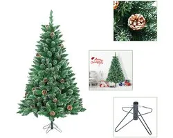 Sapin de Noël artificiel vert 120 cm - Forme sapin - Sapin de Noël en PVC - Avec support - Effet neige et pommes de pin - Assemblage par sections - Décoration de Noël