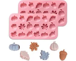 1 paar siliconen mallen - voor het maken van chocolade, herfst esdoornblad, eikel en pompoen vormen - 20,4 × 10,8 × 1,3 cm - 3D - 36 holte snoep mallen - geschikt voor Thanksgiving, oogst thema's, snoep, pudding, gelei maken - roze