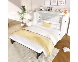 Kastbed 140x200 cm met Lade & USB-C - Ombouwbaar Murphy Bed / Opklapbed met Opbergvak, Lattenbodem & Linnen Beige - Ruimtebesparend Tweepersoonsbed - Mobili Bella