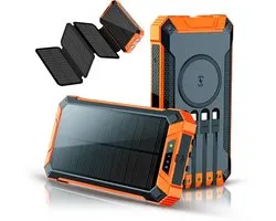 Tech Essentials Solar Powerbank 26 800 mAh - Câbles Intégrés - USB-C - Énergie Solaire - Avec Lampe Torche - Panneaux Solaires Pliables - Grande - Noir Orange