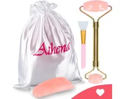 Premium B&H - Rouleau de massage en jade pour le visage comprenant une pierre de quartz rose Gua Sha et une brosse pour le visage gratuite