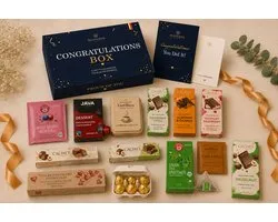 Coffret cadeau de félicitations de luxe – Chocolat belge, café, thé et douceurs – Carte de vœux personnalisée – Moodbox Gifts – Congratulations Box Prestige