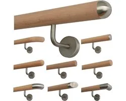 TIBU Houten leuning, beuken, onbehandeld, leuning, wandleuning, 30-500cm, lengte 400mm, met 2 houders, uiteinden halfronde roestvrijstalen kap