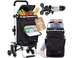 SquareSix Boodschappentrolley Traploper 50L met Koelvak - Boodschappenkar - Winkeltrolley Opvouwbaar - Afneembare Tas - Steekwagenfunctie - Zwart