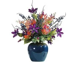 Artificial Flowers Indoor with Ceramic Vase, Silk Fake Flowers in Pot Flower Arrangements for Wedding, Office, Table, Party, Artificial Plant