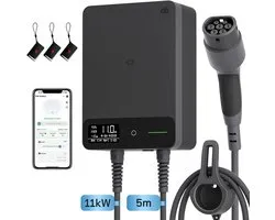 Borne de recharge Depow 11 kW 16 A triphasée - Wallbox Home avec contrôle par application - Câble fixe Type 2 de 5 mètres - Borne de recharge intelligente avec disjoncteur différentiel Type B et Protection IP54 - pour BEV/PHEV - Zwart