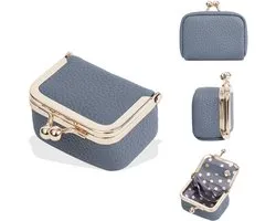 Juwelendoos- Opbergbox - Compact - Reisetui - Mini Sieradendoos - Echt Leer Reiskoffer -Draagbaar Organizer Opbergzakje - Muntbeursje Kliksluiting- Perfect voor Vrouwen - Meisjes - Feestcadeau - Kerstcadeau -Kerstversiering - Kerst- Blauw