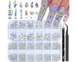 Strasssteentjes Set - Nagel strass steentjes - AB rhinestone set - Nagel diamantjes - Nail gems - DIY Rhinestones Kit met pincet en stippeltool - Nagel decoratie - Nail art - Bedazzle Kit - Voor Decoratie, Nagelkunst - AB-stras