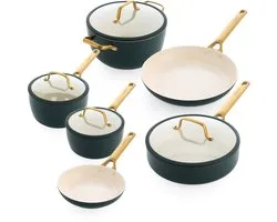 Batterie de cuisine GreenPan Padova Pin Vert Pin, 10 pièces, en céramique, compatible induction - Sans PFAS - Résistante au four jusqu'à 200 °C - Lavable au lave-vaisselle