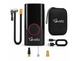 Yovelo® Elektrische Fietspomp & Bandenpomp Auto – Draagbare Mini Compressor 150 PSI – Draadloos Oplaadbaar USB-C – Digitale Drukmeter met Auto Stop – incl. 5 Opzetstukken & Opbergtas