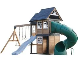 AXI Noud Aire de jeux avec cabane, balançoires, trapèze, mur d'escalade – Avec banc – Toboggan bleu pastel – Avec toboggan tubulaire – Bois FSC 100 % – Aire de jeux pour le jardin / l'extérieur