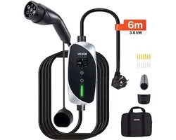 VEVOR Wallbox Mobile, 3,6 kW, 16 A, Station de Recharge Type 2, Chargeur Monophasé avec Câble de Charge de 6 m, Prise Schuko (16 A), Écran LCD, Boîtier de Commande IP66, Alimentation pour Véhicules Électriques