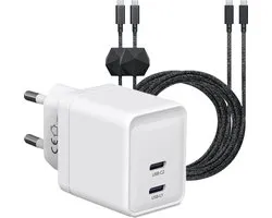 Chargeur rapide avec 2 Portes USB-C + 2 câbles USB C robustes de 3 mètres - Technologie GaN - Chargeur super Fast 35 W - Convient pour Apple Macbook Air, ChromeBook, Samsung Galaxy, tablette, smartphone, Google Pixel