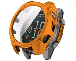 Strap-it Hard case hoesje met ingebouwde screen protector - geschikt voor de Garmin Fenix 8 - 47mm SOLAR (oranje kleur met groene accenten)