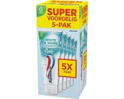 Aquafresh White & Shine - Dentifrice - Blancheur - Haleine fraîche longue durée - Dents fortes & gencives saines - Effet brillance en 7 jours - Contient du fluor - Goût frais - Lot économique 5 x 75 ml