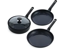 BK Blue Label Induction 3-delige pannenset - Koekenpan 24/28cm - Hapjespan met deksel 24cm - PFAS vrij - zwart- koelgrepen - ovenbestendig tot 160°