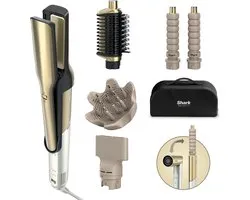 Appareil multifonction 5 en 1 Shark Glam : sèche-cheveux et lisseur Silki, brosse Glossi, 2 fers à boucler, concentrateur et diffuseur inclus. Wit/ Or . Convient à tous types de cheveux, pour cheveux secs ou mouillés. HD6052SEU