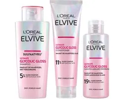L'Oréal Paris Elvive Glycolic Gloss Ultimate Bundle - Shampoo 200ml, Conditioner 150ml & 5 min Lamellaire Haarverzorging 200ml - dof en poreus haar
