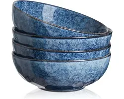Vicrays Rijst Dessert Granen Kommen 4-delig Steengoed Vintage Look Keramisch Blauw Grote Serveerkom, Soep/Mixen/Fruit/Noedel/Ramen China Bowl, Capaciteit van 940 ml. (18x18x6,3 cm)