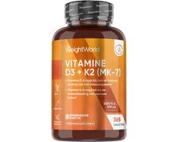 WeightWorld Vitamine D3 + K2 (MK-7) tabletten - 2000 IE + 200 mcg - 365 tabletten voor 1 jaar voorraad - Gemaakt in het VK