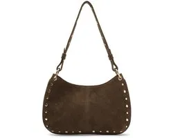 Manfield - Donker bruin suède schoudertasje met gouden studs