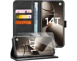 Hoesje geschikt voor Xiaomi Redmi 14T / 14T Pro - Screenprotector Glas - Portemonnee Book Case Zwart
