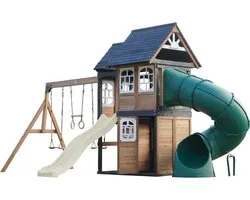 AXI Noud Aire de jeux avec cabane, balançoires, trapèze, mur d'escalade – Avec banc – Toboggan crème – Avec toboggan tubulaire – Bois FSC 100 % – Aire de jeux pour le jardin / l'extérieur