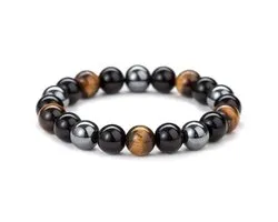 Bixorp Gems Bracelet en Oeil de Tigre + Hématite + Onyx - Bracelet en Perles de Pierres Précieuses Bracelets de perles - Cadeau pour la Saint Valentin - Cadeau pour Cheveux - 20cm